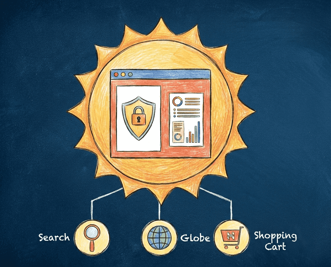 Illustration of a sun containing a secure web browser window with a padlock shield and data charts. Three lines extend downward to circular icons labeled "Search" (magnifying glass), "Globe" (world icon), and "Shopping Cart."