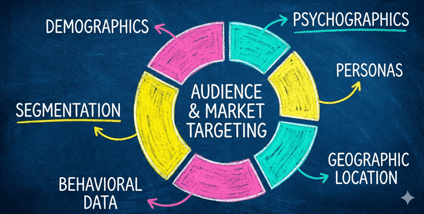 A colorful segmented ring labeled "AUDIENCE & MARKET TARGETING." Arrows point to segments for Demographics, Psychographics, Personas, Geographic Location, Behavioral Data, and Segmentation.