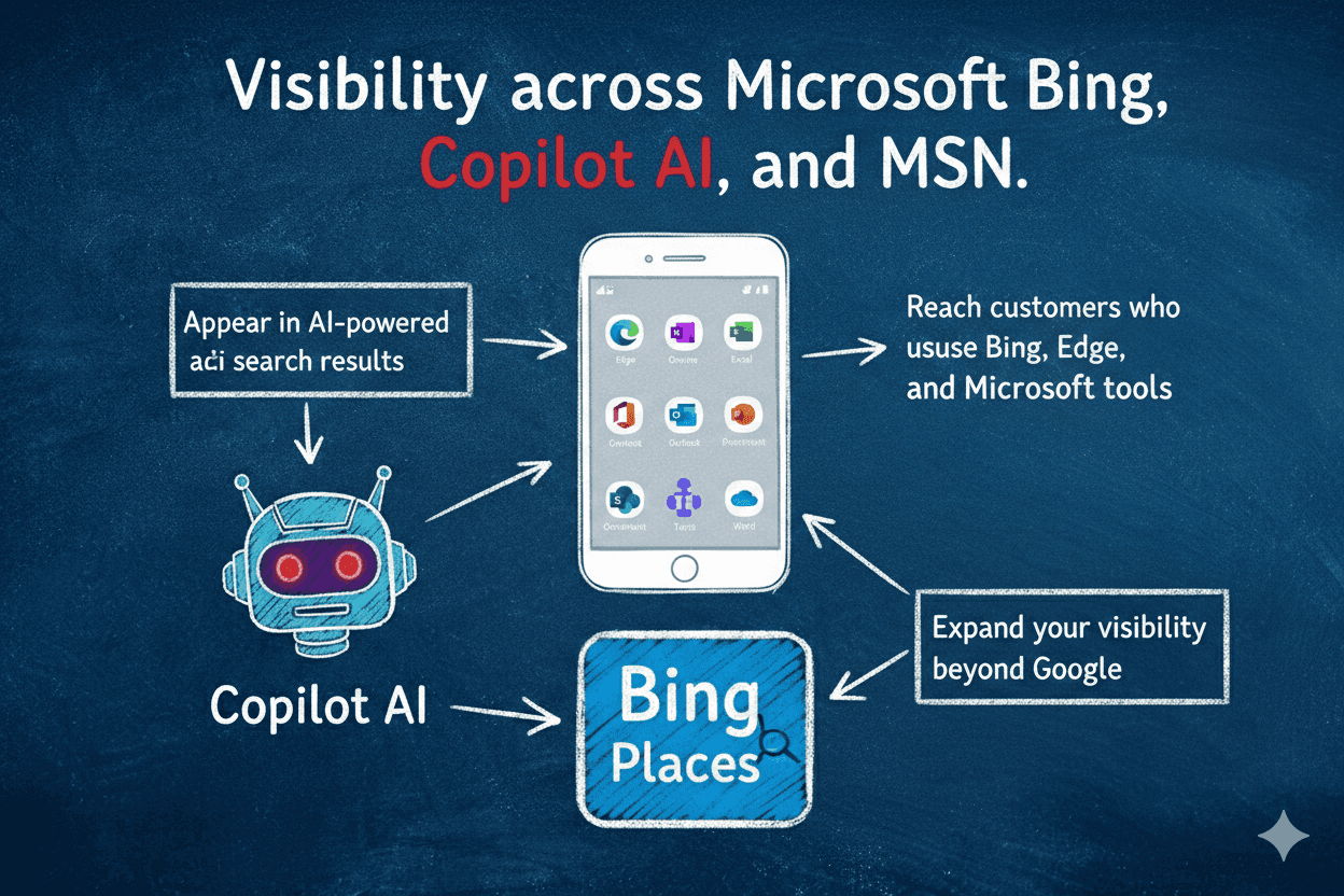 Infographic titled "Visibility across Microsoft Bing, Copilot AI, and MSN." It shows a flowchart connecting a Copilot AI robot icon and a Bing Places logo to a smartphone displaying Microsoft app icons, with text about reaching customers and expanding visibility beyond Google.