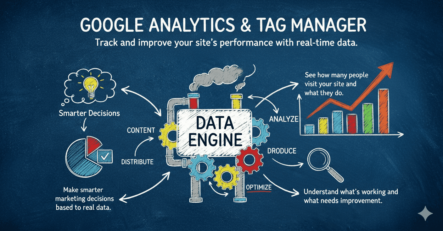 Diagram titled "Google Analytics & Tag Manager" featuring a central "DATA ENGINE" machine with gears. Arrows point to various outcomes like "Smarter Decisions," "Analyze," and "Optimize," accompanied by icons of a lightbulb, a pie chart, a line graph, and a magnifying glass.