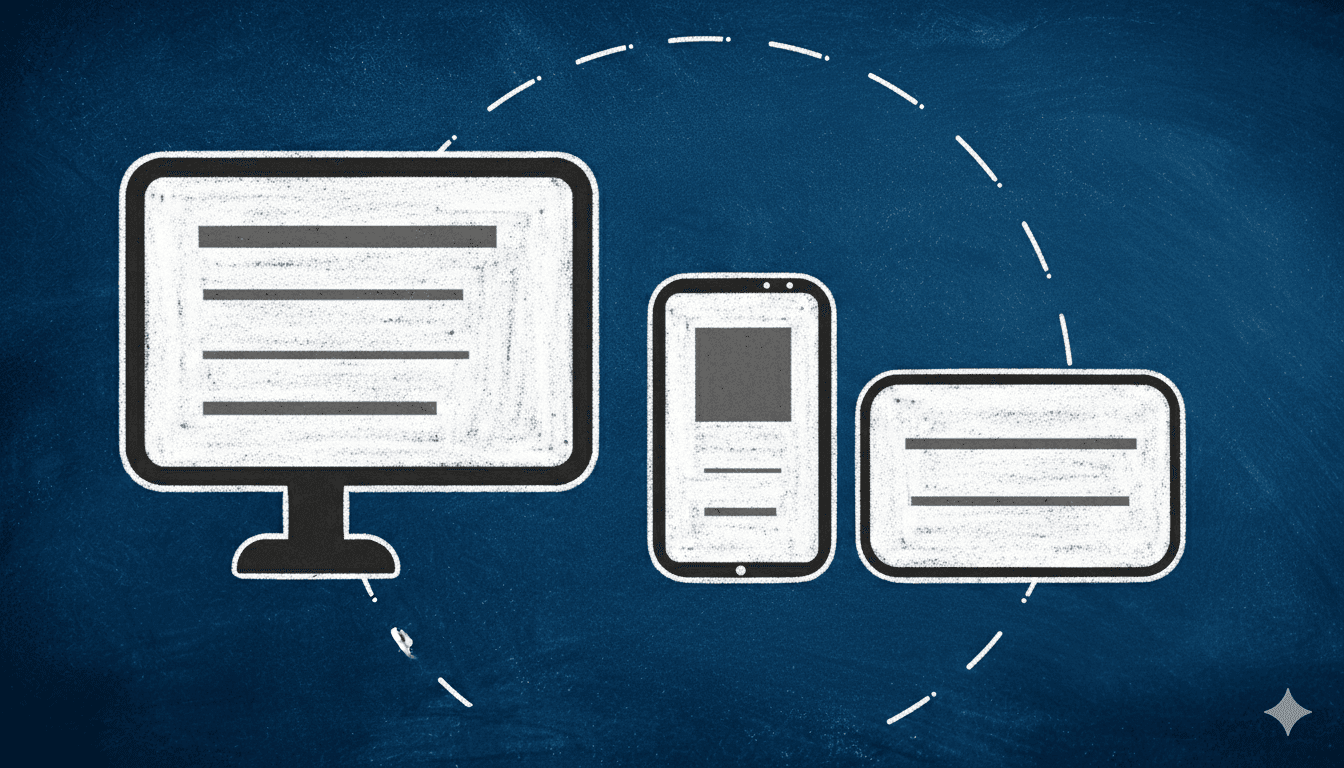 Simple white-line illustrations of a desktop monitor, a smartphone, and a tablet arranged side-by-side on a dark blue background, connected by a dashed circular line to represent multi-device compatibility.