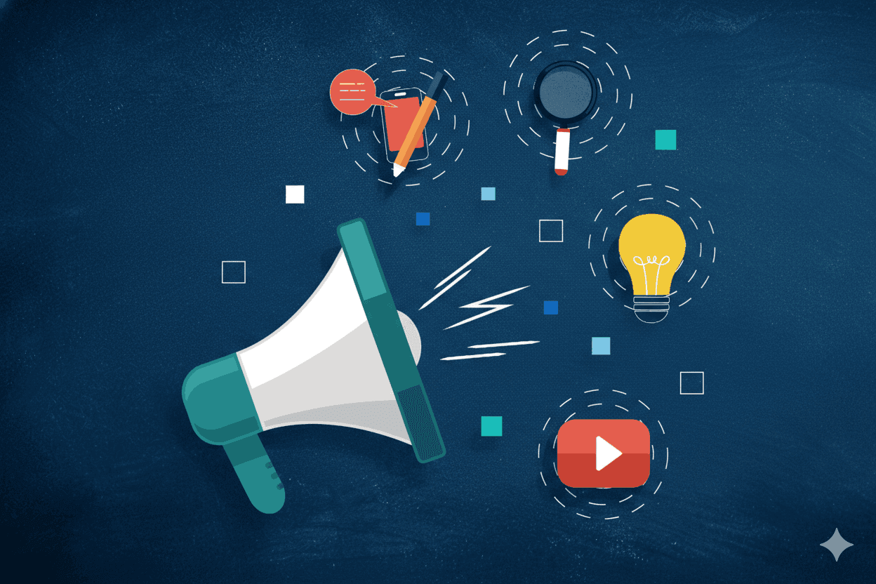 Illustration of a green and white megaphone surrounded by icons representing different media: a smartphone with a speech bubble, a magnifying glass, a lightbulb, and a YouTube play button icon.